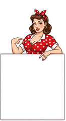 Retro Pin-Up Girl Holding Blank White Sign Cartoon Illustration