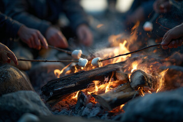 Fototapeta premium a group of people roasting marshmallows over a campfire