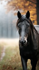 Majestic black horse walking through an autumn forest with vibrant colored leaves