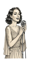 Retro Singer with Microphone Illustration Transparent Background