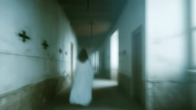 A mysterious figure walking down an abandoned hallway in a dimly lit building. A back view of a possessed woman in a nightgown running in a castle with crucifixes on the walls