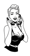 Retro Woman On Phone Illustration Black White Transparent PNG