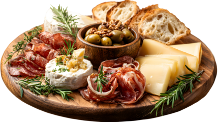 harcuterie board of an assortment of cheeses, meats, and appetizers isolated on a white background