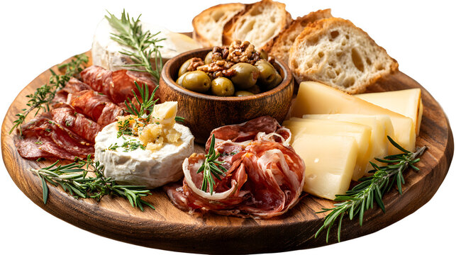 harcuterie board of an assortment of cheeses, meats, and appetizers isolated on a white background - Powered by Adobe