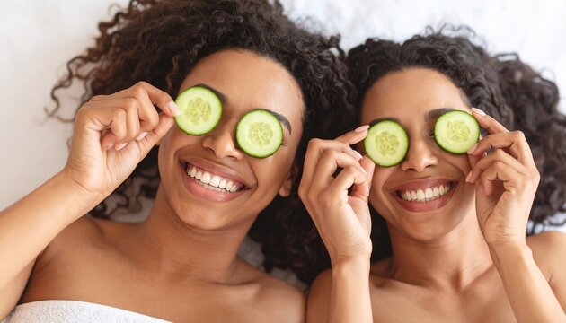 Happy Sisters Relaxing with Cucumber Eye Masks Spa Day. - Powered by Adobe