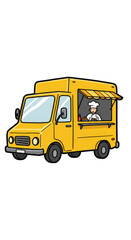 Pixel Art Yellow Food Truck with Chef Cartoon Mobile Service Vector