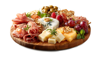 harcuterie board of an assortment of cheeses, meats, and appetizers isolated on a white background