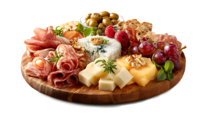harcuterie board of an assortment of cheeses, meats, and appetizers isolated on a white background