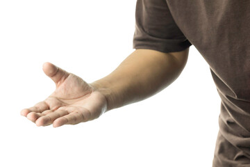 Open human hand with palm facing upwards, seemingly offering or presenting something. Isolated arm...