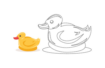 Duck clipart for kids coloring page. Preschool education of duckling cartoon duck drawing using dotted line for coloring in vector isolated.