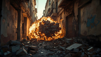 Powerful Explosion in Urban Alleyway with Bricks and Debris Flying, realistic photography of cracked walls and rubble mid-air under golden hour light