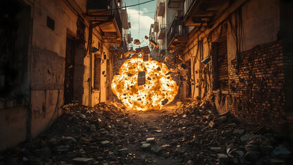 Powerful Explosion in Urban Alleyway with Bricks and Debris Flying, realistic photography of cracked walls and rubble mid-air under golden hour light