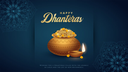 Happy Dhanteras - poster template design with gold coin in pot and decorative diya lamp. Vibrant Dhanteras festival design featuring gold coins.