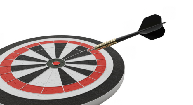 Realistic 3D Render of Dart Hitting Center of Target with Black Background