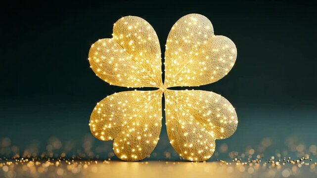 Four-leaf clover illuminated with golden light for a captivating animation backdrop