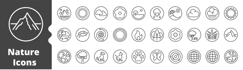 Nature icon line circle set. editable stroke. vector illustration ,nature, summer, space universe, flower, dog, cat, animal, paw, clouds,earth