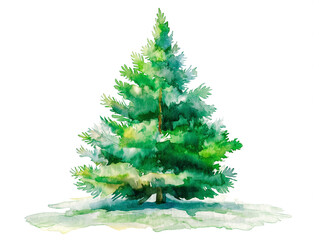 Watercolor illustration of green fir on white  background