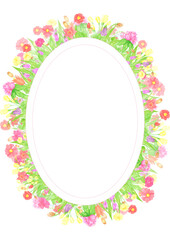 Hand drawn watercolor wildflowers and leaves postcard wreath frame border. Flower of the field isolated on white background. Can be used for postcard, invitation, scrapbook and other printed products.