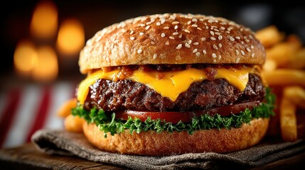 Juicy cheeseburger with crispy fries served on a wooden table in a warm setting