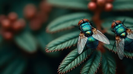 Colorful flies perched on vibrant green leaves in a lush garden during sunny daylight hours