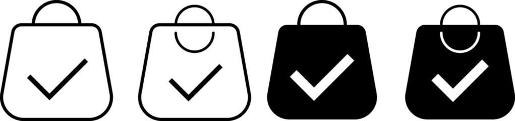 shopping bag with tick mark icon set .  online order confirmation. paper bags sign.  purchase success symbol
