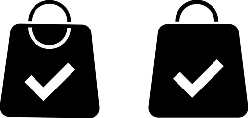 shopping bag with tick mark icon set .  online order confirmation. paper bags sign.  purchase success symbol
