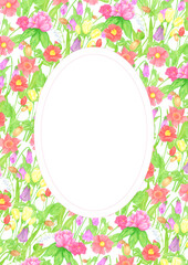 Hand drawn watercolor wildflowers and leaves postcard wreath frame border. Flower of the field isolated on white background. Can be used for postcard, invitation, scrapbook and other printed products.
