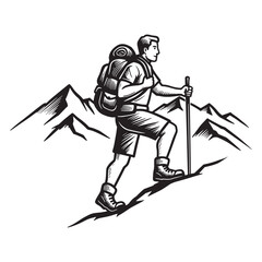 Vector illustration of a hiker ascending a mountain with backpack and walking stick