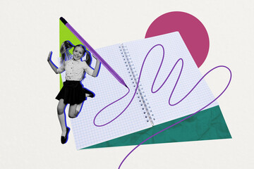 Trendy poster art photo collage of happy schoolgirl jump notepad pencil write homework preparation...