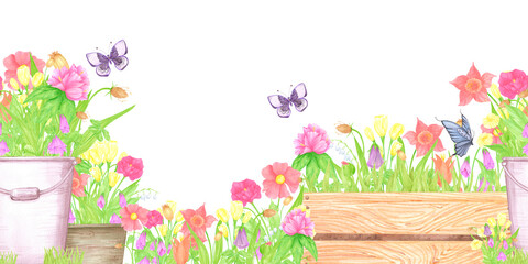 Hand drawn watercolor blooming flowers in pots and boxes. Palisade seamless border isolated on white background. Can be used for textile, postcard, scrapbook and other printed products.
