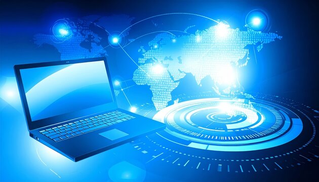 Laptop and world map, exploring global connections in business, technology, communication - Powered by Adobe