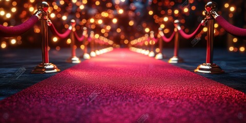 Red carpet pathway illuminated by bright lights in an elegant event setting during a glamorous evening reception