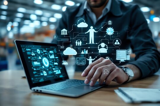 Man uses laptop with digital technology interface