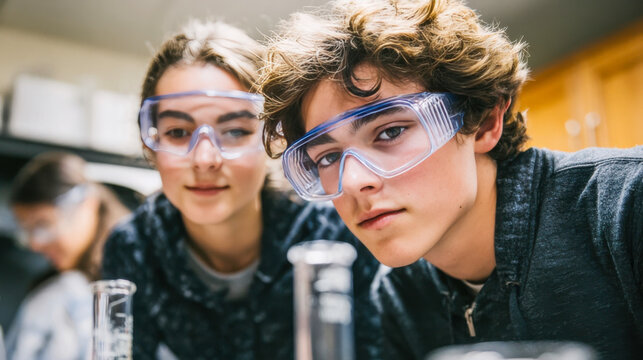 High school students wearing safety goggles conducting a science experiment in a laboratory setting, focused on beakers and lab equipment. - Powered by Adobe
