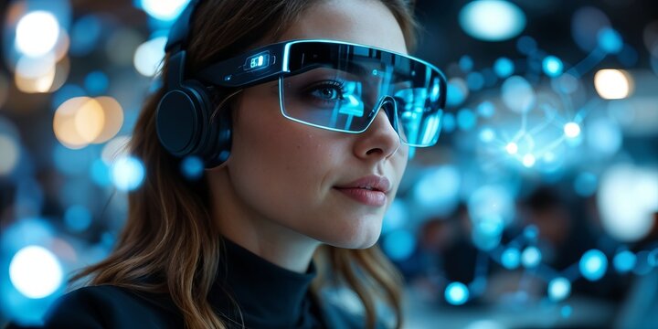 Close up of woman wearing futuristic AR glasses and headphones, surrounded by digital emotion detecting interface, representing next gen emotion reading AI camera technology. - Powered by Adobe