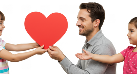 Touching Photo of Father Receiving Heart Gift from Kids on Transparent