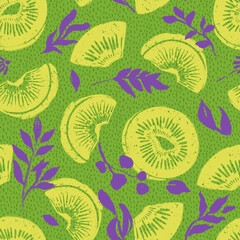 Fresh Kiwi Slices and Botanical Vector Seamless Pattern