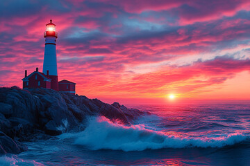 Sunset Sky in Rich Oranges and Purples Behind Rocky Island Lighthouse