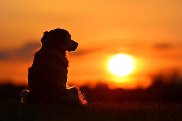 Generative AI image of a small dog watching a glowing orange sunset over a peaceful lake, symbolizing peace