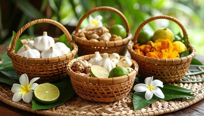 Photorealistic still life of individual bamboo baskets filled with natural antibiotics—garlic, lime, turmeric, and noni—resting on a handwoven mat, and cool traditional ambiance