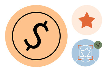 Circular dollar sign, orange star, and verified face recognition elements. Ideal for payment, ranking, authentication, credentials, finance digital ID trust themes. Simple flat metaphor