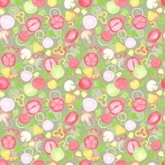 Hand drawn watercolor vegetables seamless pattern. Illustration of cut tomatoes pepper onion isolated on green background. Can be used for textile, fabric, scrapbook and other printed products.