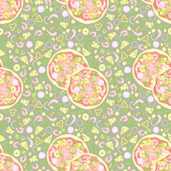 Hand drawn watercolor tomato pizza and prawns seamless pattern isolated on grey background. Can be used for textile, fabric, scrapbook and other printed products.
