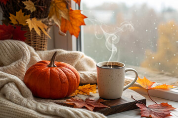 Cozy Autumn Scene with Pumpkin, Coffee Mug, and Colorful Fall Leaves by a Window