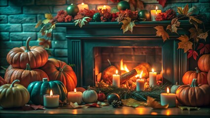 Obraz premium Cozy Autumn Fireplace Decor with Pumpkins, Candles, and Colorful Fall Leaves