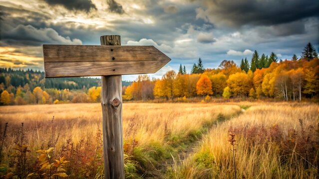 Wooden arrow sign in an autumn field with colorful trees and a cloudy sky