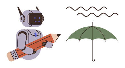 Robot holding pencil beside green umbrella with wavy lines above, combining innovation, protection, and expression. Ideal for creativity, technology, security, education, design imagination