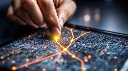 Naklejka premium Hand touching interactive city map on tablet