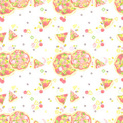 Hand drawn watercolor tomato pizza with vegetables and prawns seamless pattern isolated on white background. Can be used for textile, fabric, scrapbook and other printed products.