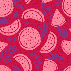Watermelon Fruits Slices and Botanicals Vector Seamless Pattern